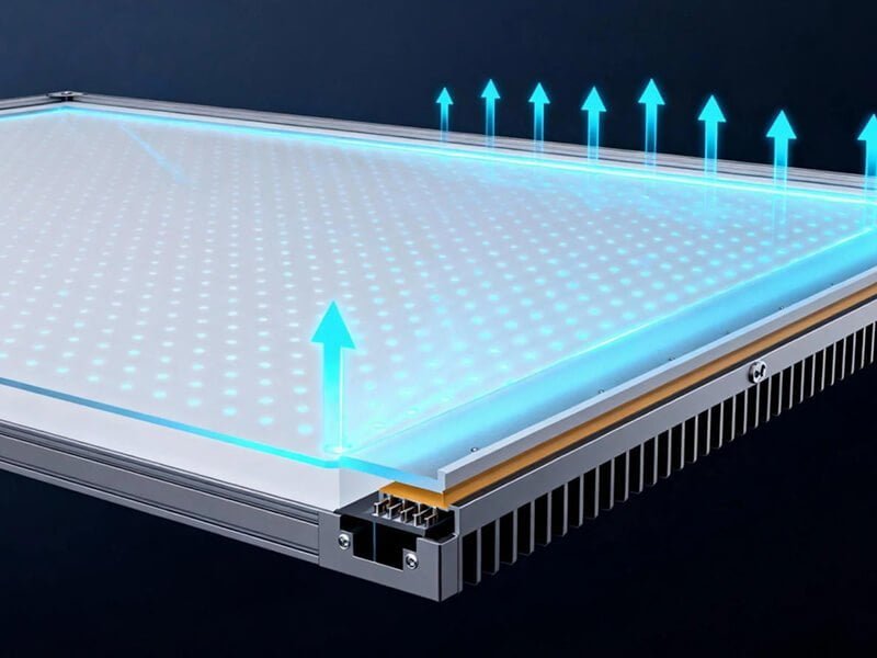Technical diagram of LED panel lumen maintenance and burn-in testing Edge-Lit LED Panel Cross-Section with Light Guide Plate and Uniform Diffusion